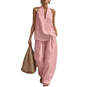 Women's 2-Piece V-Neck Backless Blouse & Cool, Comfortable Thin Wide-Leg Pants Set