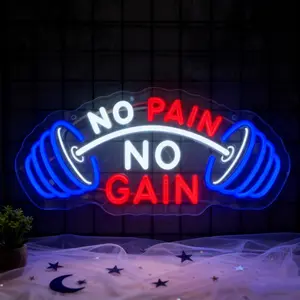 "No Pain, No Gain" Dumbbell Neon Sign - Red and Blue Fitness LED Decor, Best Gift for Men, For Home Gym, Workout Space and Power Boost - Level 10 Dimmable - USB Powered