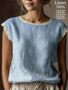 Plus Size Vintage Linen Short Sleeve Top Blouse Shirts for Women, Flax Patchwork Round Neck Loose Fit Summer Casual Wear Womenswear