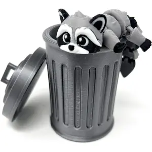 Articulating Fidget Racoon with Trashcan - 3D Printed Movable Racoon - Trash Panda - Fidget Toy - Novelty Gift - Dumpster Fire - Made in USA