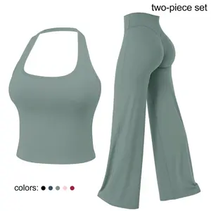 Jetjoy Workout Sets for Women 2 Piece, Padded Backless Sports Bras Halter Top(non-padded) Wide Leg Pants Sets Gym Yoga Work Out Clothes, Matching Wide Leg Pants Sets athleisure Fitness & Casual Wear Yoga Outfits Gym Tracksuit summeroutfit