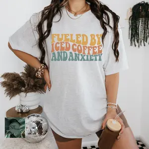 Fueled By Iced Coffee & Anxiety Sweatshirt T-shirt Long Sleeve  Crewneck Tops Clothing Cotton graphic tees cute shirts