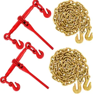 5/16"-3/8" Chain Binders 2 Pack, 10FT Chain Included, Heavy Duty Ratchet Binders 12000 LBS WLL for Flatbed Cargo, Towing & Industrial Hauling