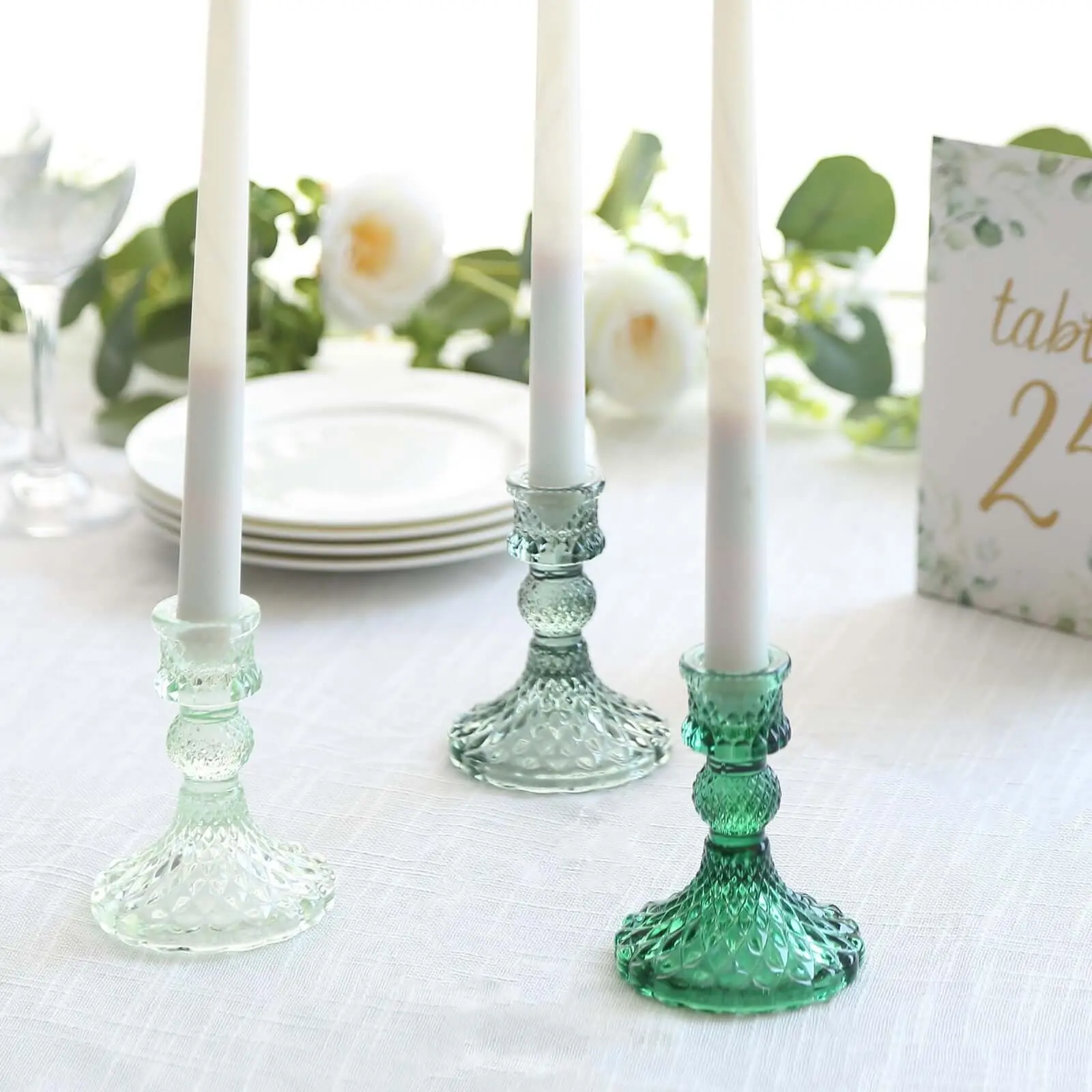 6-Pack 4" Diamond Pattern Assorted Green Glass Taper Candlestick Holders - Reversible Crystal Pillar Votive Stands for Home Decoration, Wedding