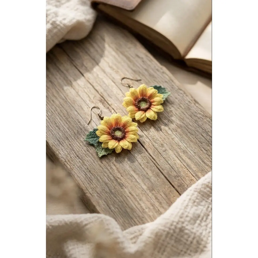 Sunflower Earring Micro Crochet - Handmade Floral Design with Yellow and Green Colors