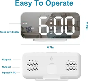 Digital Alarm Clock for Bedroom,6.7" LED Clock Mirror Surface with 2 USB Charger Port,Adjustable Brightness,Dual Alarm,Snooze,12/24H,Large Display Clock for Room Decor(White)
