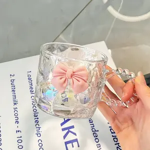 1pcs Pearl Bowknot Glass Cup, Transparent Water Tea Coffee Cup, Includes Bubble Spoon, Suitable for Ice Soda Coffee Beverage Soy Milk