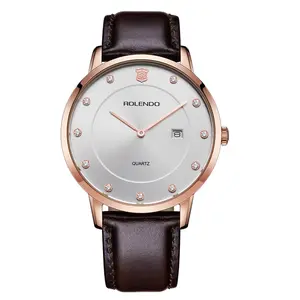Men's Rose Gold Slim Quartz Watch, Brushed Silver Dial Crystal Diamond Index Date Window Dark Brown Cowhide Leather Strap Minimal Business Casual Dress Wrist Watch
