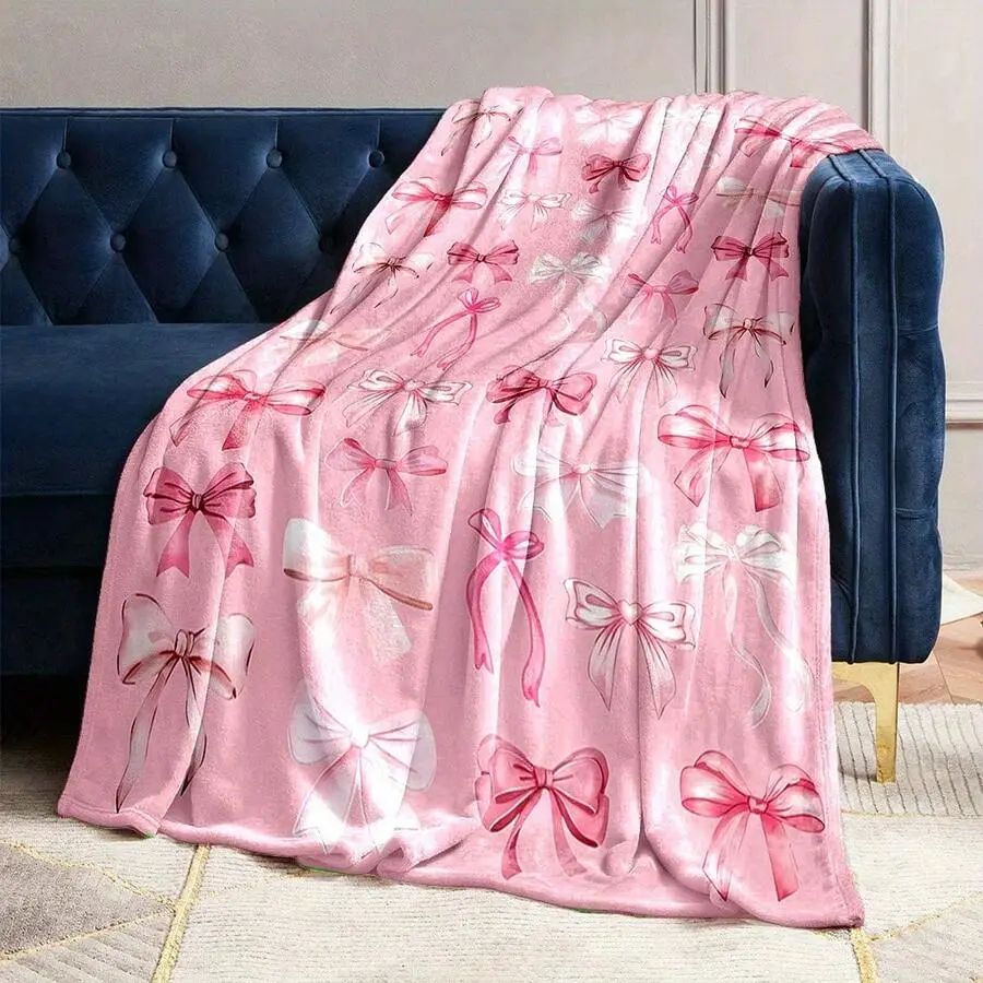 Traditional Crochet Geometric Pink Bow Print Flannel Throw Blanket - Wrinkle Resistant, Stain Resistant, Soft, Reversible, Durable, Multi-Size Customizable All-Seasons Indoor Living Room Decor for Couch - Ideal Gift for Loved Ones
