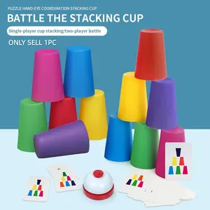 Educational Rubber Cup Stacking Puzzle, 12 Cups Double Player Game, Includes 50 Cards & Bell, Enhances Motor Skills & Strategy