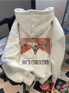 90s Country Western Bull Graphic Hoodie, Vintage Women Hoodie Fall Clothes For Women New Fall Fashion 2025 For Women, Solid Color Long Sleeve Pocket Dropped Shoulder Casual Hoodie For Women