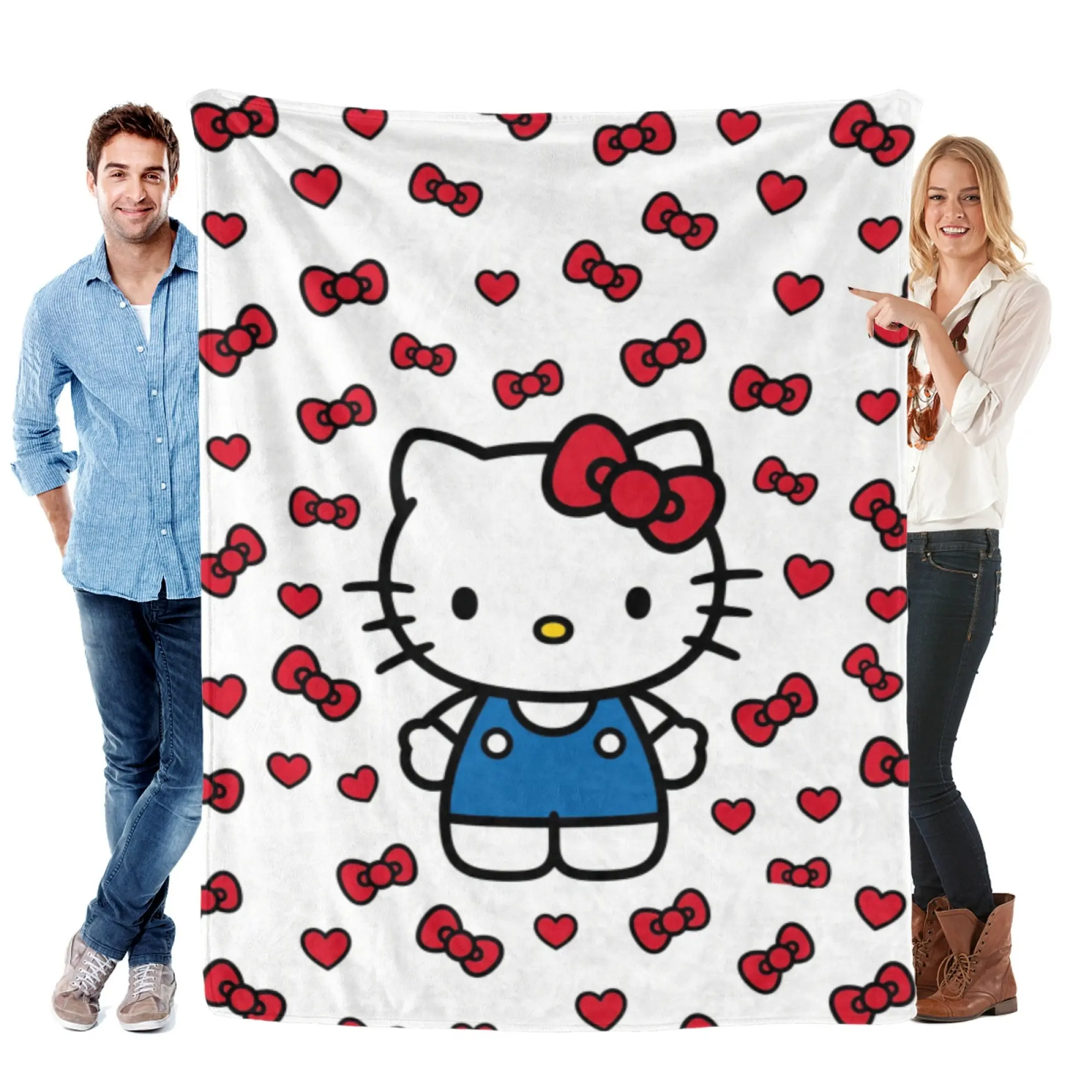 [SummerVibes] SANRIO CLASSIC Hello Kitty Red Bow Flannel Blanket - Soft, Warm, Lightweight with Vibrant 2D Kawaii Print, Throw for Sofa, Bed & Office Nap