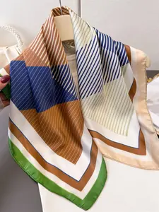 Geometric Stripe Print Silk Scarf Shawl, Versatile High-End Neck Tie Small Square Headscarf, Elegant Fitted Wrap for Women, All Seasons, Fluffy Soft Scarf