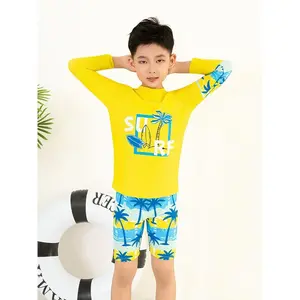 Boys' Spring/Summer Long-Sleeve Swimsuit and Shorts Set with Stylish Seaside Coconut Tree Print, Suitable for Beach Vacations, the Perfect Gift for Children