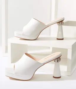 Unique Vintage White Leatherette Spiral Ball Mule Heels
