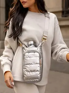 Portable Insulated Water Bottle Crossbody Bag for Women, Puffy Quilted Bottle Holder Purse with Adjustable Strap and Dual Zipper Pockets, Cute Travel Gym Hiking Carry Bag for Phone Wallet Keys, Christmas Birthday Gift for Mom Wife Girlfriend