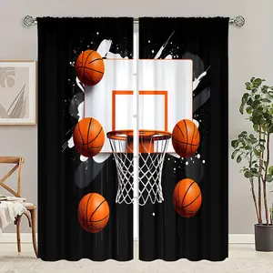 2 Piece Printed Curtains, Blue Ball and Basket Pattern, Rod Pocket Design, Easy to Hang, Vibrant Semi-Transparent Privacy Curtains