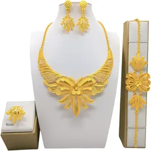 24K Gold Plated Jewelry Set For Women, Middle Eastern Bride Necklace, Earrings, Ring, Bracelet 4-Piece Set