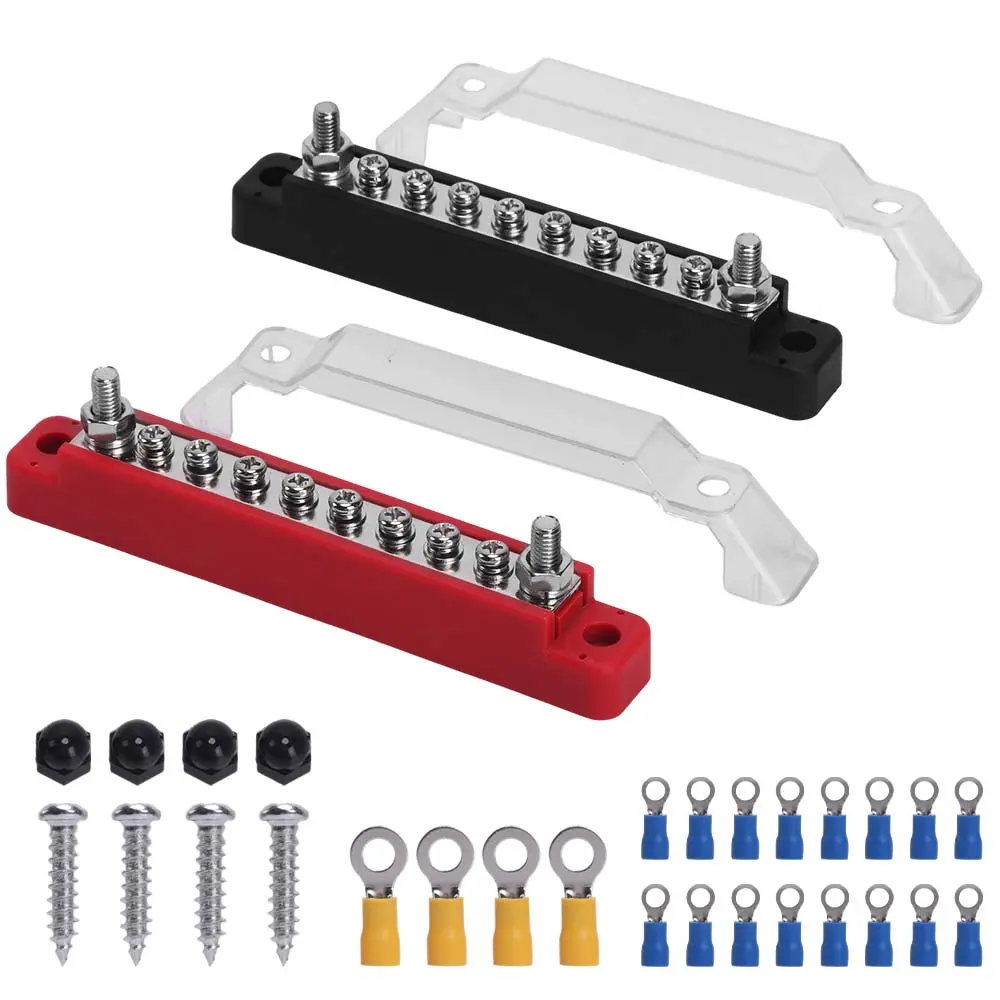 (Red+Black) Power Distribution Terminal Block with Cover with M6 Terminal Studs, M4 Terminal Screws, 150A Battery Bus Bar for Car Boat