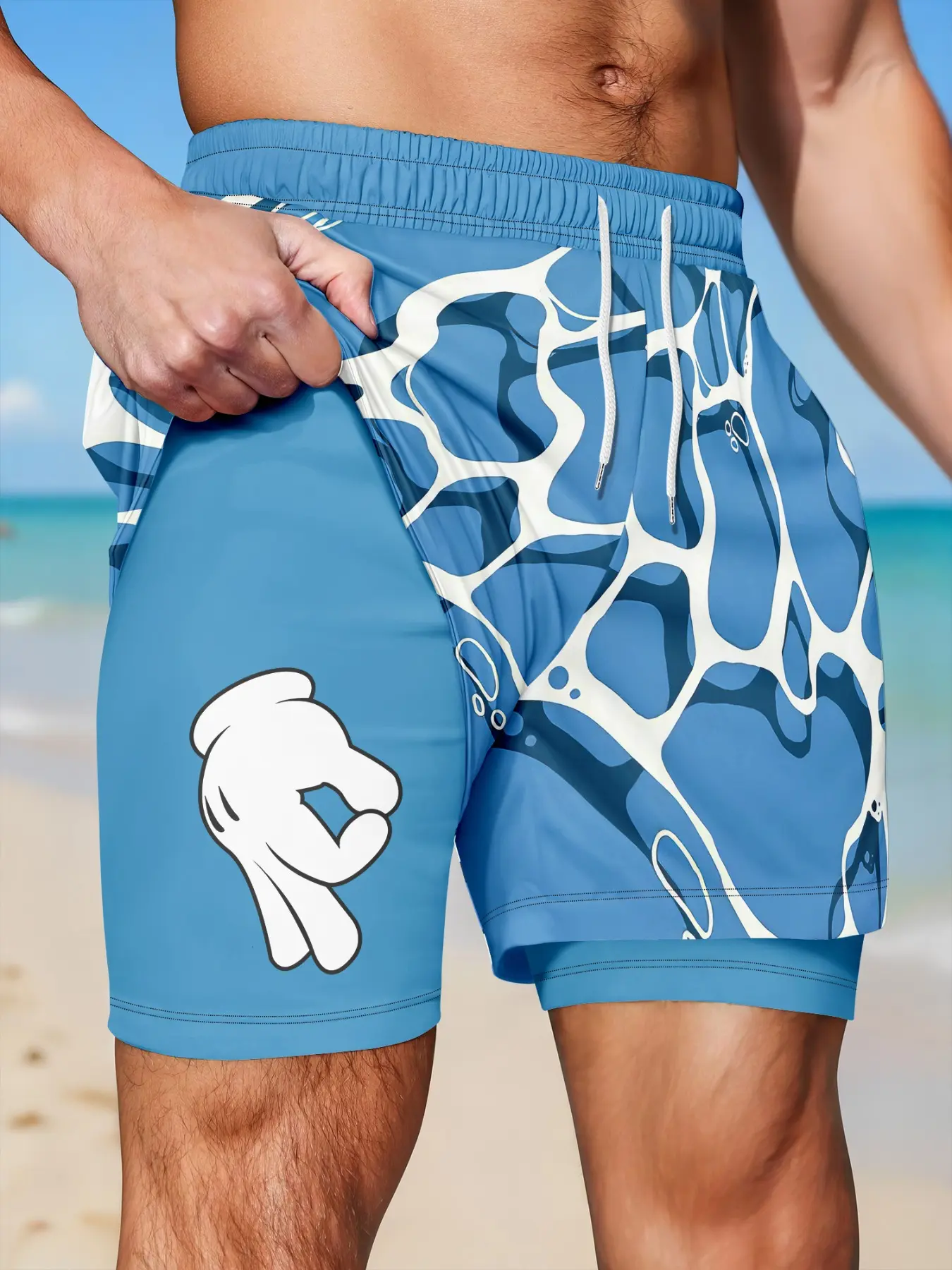 Men's Gesture Print 2-in-1 Shorts, Casual Summer Wear, Mid-Waist Shorts for Beach & Vacation, Casual Elastic Drawstring Waistband Shorts, Geometric Print Shorts