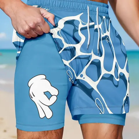 Men's Gesture Print 2-in-1 Shorts, Casual Summer Wear, Mid-Waist Shorts for Beach & Vacation, Casual Elastic Drawstring Waistband Shorts, Geometric Print Shorts