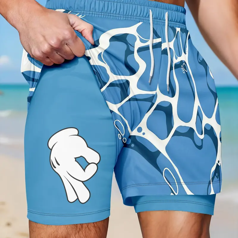 Men's Gesture Print 2-in-1 Shorts, Casual Summer Wear, Mid-Waist Shorts for Beach & Vacation, Casual Elastic Drawstring Waistband Shorts, Geometric Print Shorts