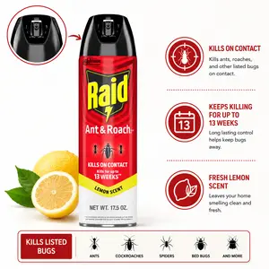 Raid Ant & Roach Killer Spray For Listed Bugs, Keeps Killing for 13 Weeks, Lemon Scent, 17.5 oz