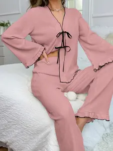 New Spring Summer Fashion Wooden Cuff Tie Long Sleeve Pants Sleepwear Set for Women, Elegant Cute Princess Style Loose Fit Home Wear Loungewear Pajama Set Pjs