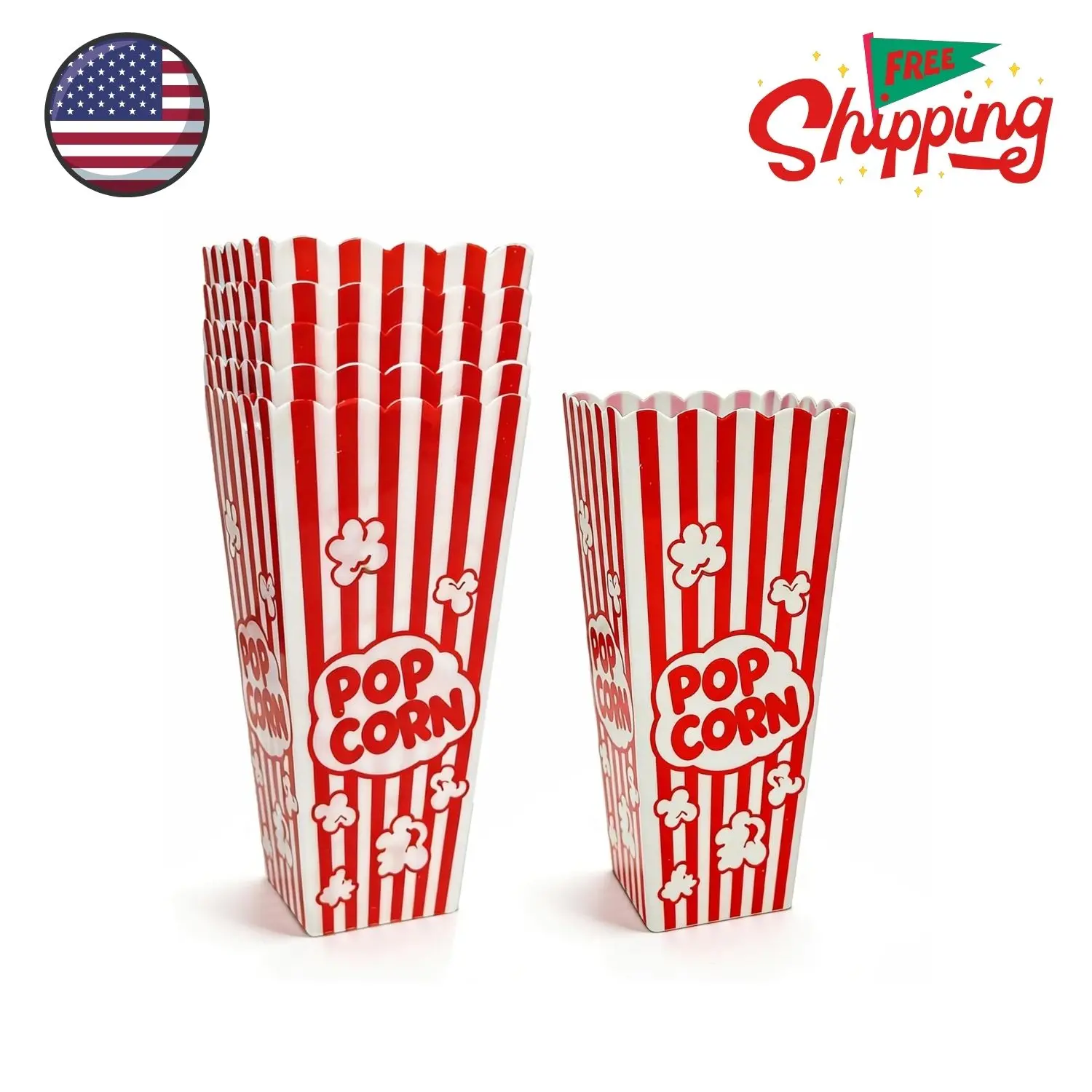5 Pack Plastic Popcorn Boxes, 7.5" Tall and 3.6" Square Large Capacity