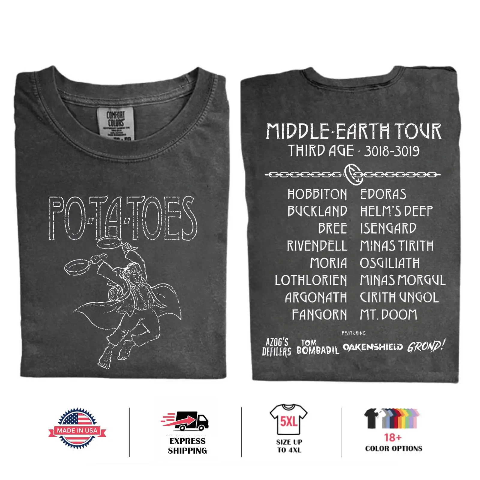 Vintage Potatoes Middle Earth LOTR 2 Sided Comfort Color T-Shirt Ring Spun Cotton Casual Soft Washed T-Shirt Trendy Tops for Perfect Gift