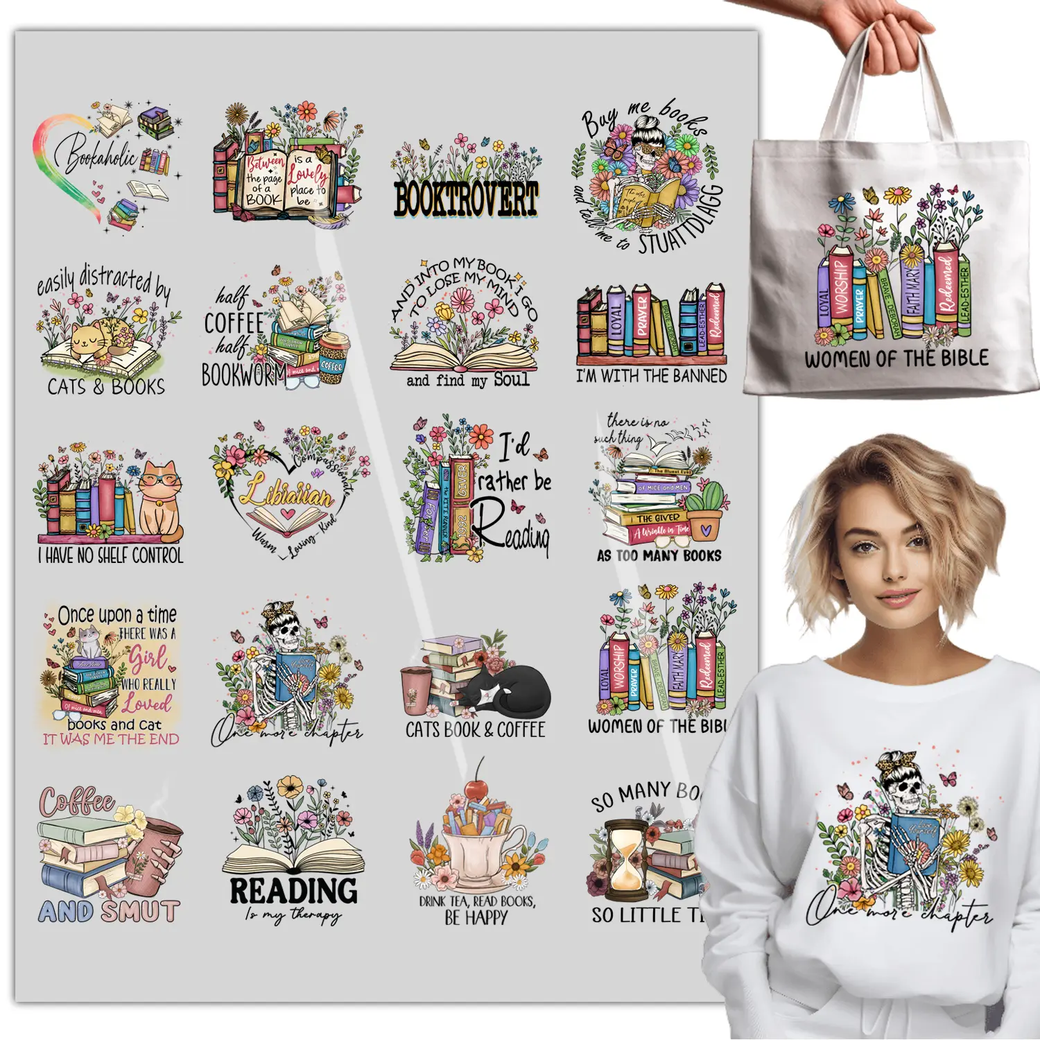 20sheet Reading Book Iron on Transfers, DTF Transfers Ready to Press Clothing Stickers Iron on Decals for T Shirts Hoodie DIY Crafts Pillow Bags