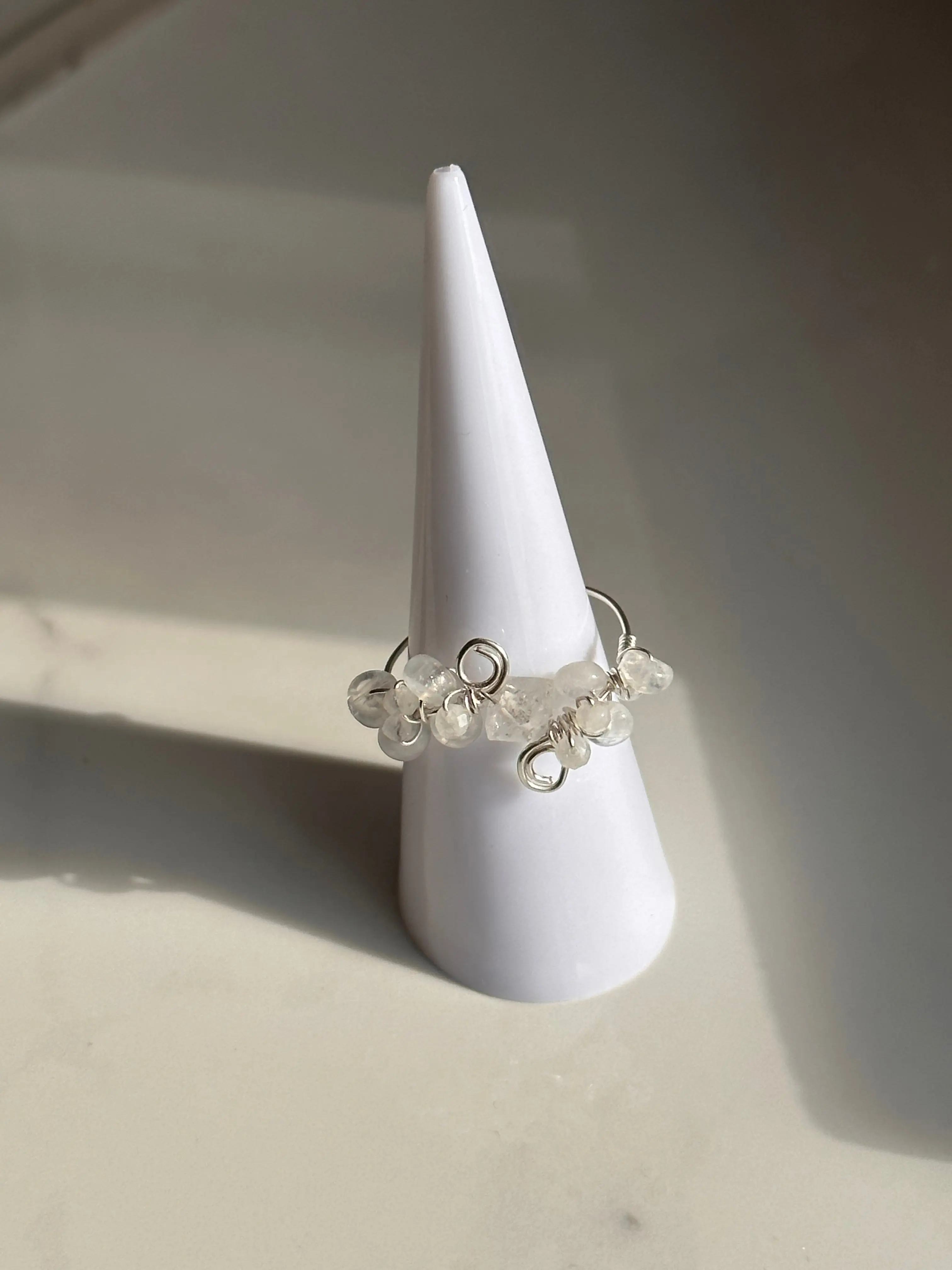 Herkimer Diamond & Moonstone Sterling Silver Wire Ring | Handmade & Adjustable