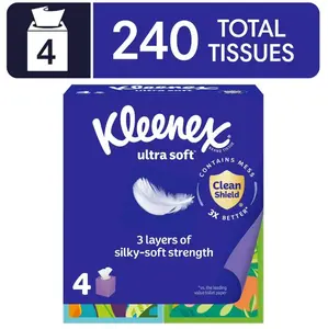 Kleenex Ultra Soft Facial Tissues, 4 Cube Boxes, 60 Tissues per Box, 3-Ply
