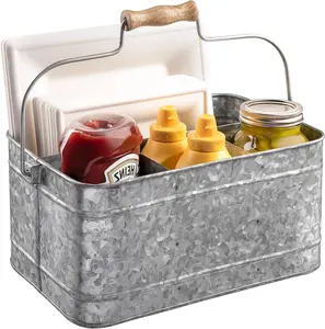 Royalty Art Farmhouse Kitchen Caddy Organizer with Handle for Condiments, Cleaning Products, and Party Supplies, Rustic Galvanized Steel, 13” x 8 1/4”