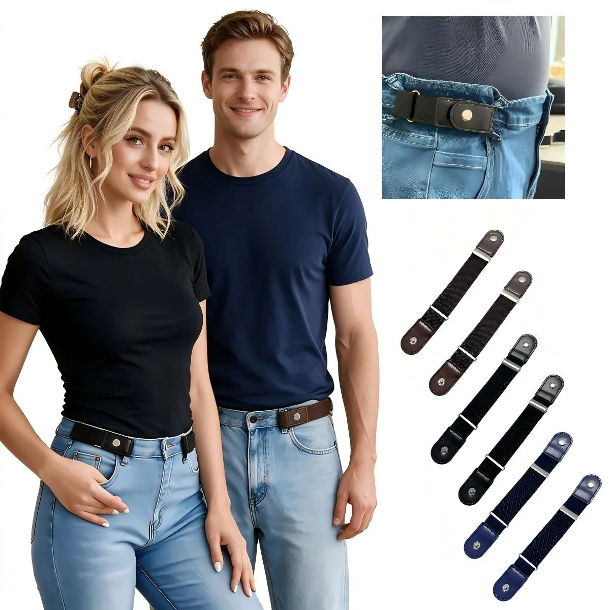 TFT 2026 Unisex Invisible Buckle PU Belt - Low Profile Elastic Fabric, Snap Fasteners, Soft Adjustable Side Waist Band, Adult Fashion Accessories