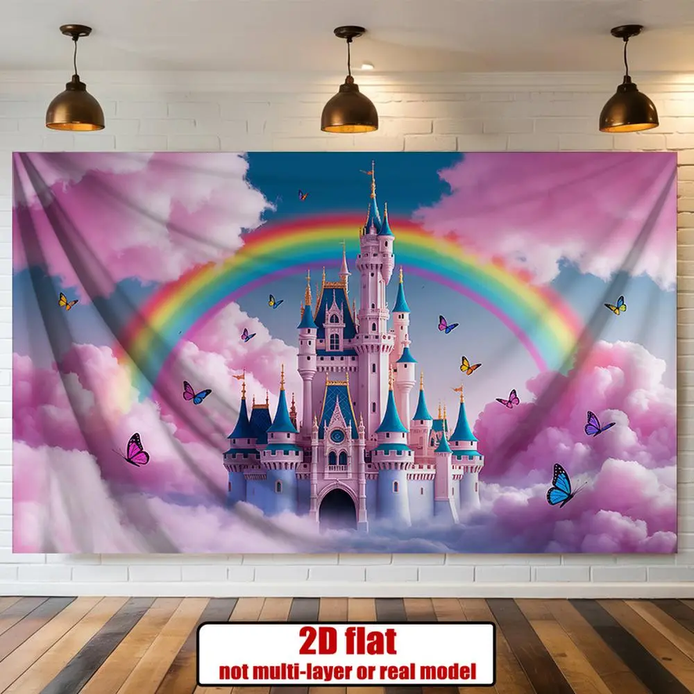 1pc Reusable Polyester 2D Flat Banner - Pink & Blue Princess Castle Rainbow Happy Birthday Decor, Wall Decoration with Golden Butterflies, Easy Peel-Stick Photo Backdrop for Room