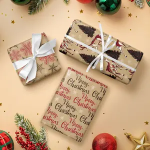 RUSPEPA Christmas Kraft Wrapping Paper Roll - Mini Roll - 17 inches x 10 feet per Roll, Total of 3 Rolls - Black Red Reindeer, Snowflake and Text