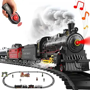 Radio Control Retro Cargo Train Set, Christmas Tree Deco Electric Toy Tracks Rail, RC Steam Sound Light Locomotive, Tanker Tender Caboose, Boys Girls Gift Classic Collection Model
