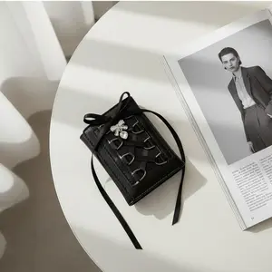 Y2K Wallet Cute Ribbon Bow Girly Goth Korean Style Fashion Photo Slots Trifold Short Coin Purse PU Leather Card Holder for Women Casual Travel Mini Purse Girl Trendy Strap-On Compact Multi-Slot Wallet Sweet Ladies Money Bag