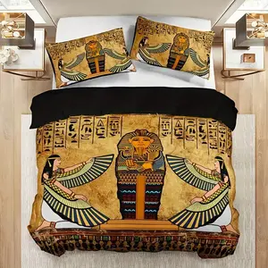Egyptian Pharaoh Wall Art Print Bedding Set, Soft Breathable Polyester Fabric, All-Season Use, 3-Piece (1 Fitted Sheet + 2 Pillowcases)