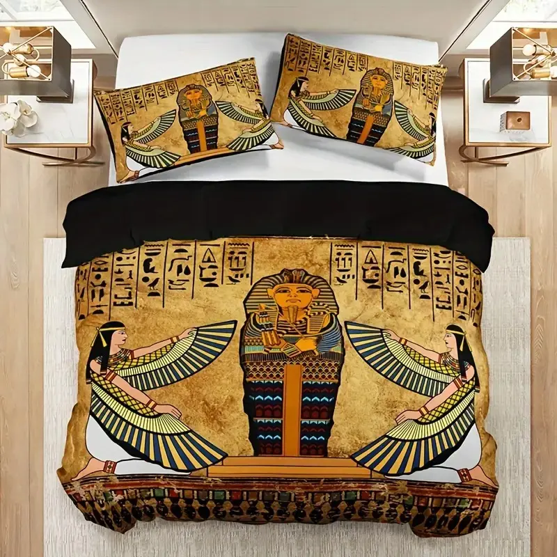 Egyptian Pharaoh Wall Art Print Bedding Set, Soft Breathable Polyester Fabric, All-Season Use, 3-Piece (1 Fitted Sheet + 2 Pillowcases)