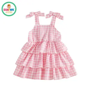 Toddler Girls Summer Dress Casual Layered Hem Plaid Print Cute Bow Sleeveless Dress for Cute Clothes