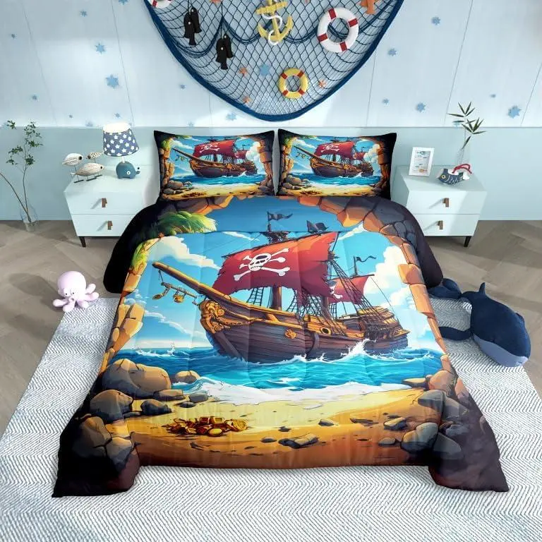 Feelyou Boys Pirate Ship Bedding Sets - Polyester Fiber All-Season Duvets & Sets, Multi-Size, Nautical Print, U-Stitching, Travel-Ready, Soft Warm for Gothic Sugar Skull Bedroom Decor (King, Queen Sizes Available)