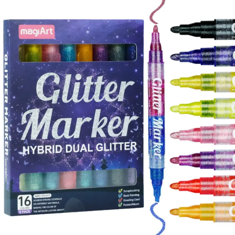 16 Colors Dual Tip Glitter Markers, Glitter Metallic Shimmer Marker Set of 8, Acrylic Paint Pens for Rock Painting, Black Paper, Wood, Canvas, Stone, Glass, Ceramic, DIY Crafts Making