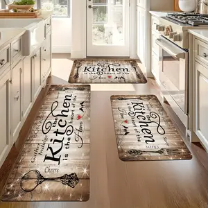 1/2/3pcs Flannel Kitchen Mat Set - "The Kitchen Is The Heart of The Home" Wood Grain And Cooking Theme (Cutlery, Wine Glass) Design, Non Slip Machine Washable Flannel Mat, /Brown Rectangular Floor Mat, Suitable for Sink, Dining Room, Living Room