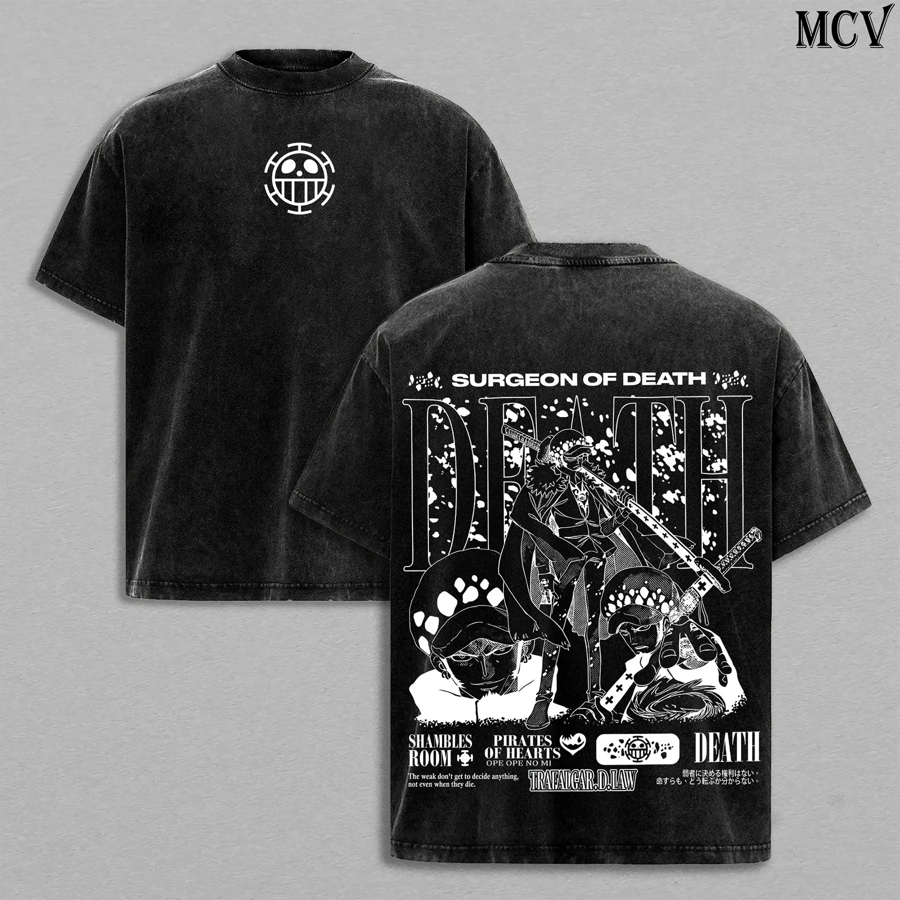 Men's Trafalgar Law Vintage Washed Oversized Heavy Cotton Anime Graphic Crew Neck Distressed T-Shirt & Hoodie, Double-Print Retro Chic Streetwear Top, Surgeon of Death Manga Merch, Loose-Fit, Machine Washable, S-3XL Menswear