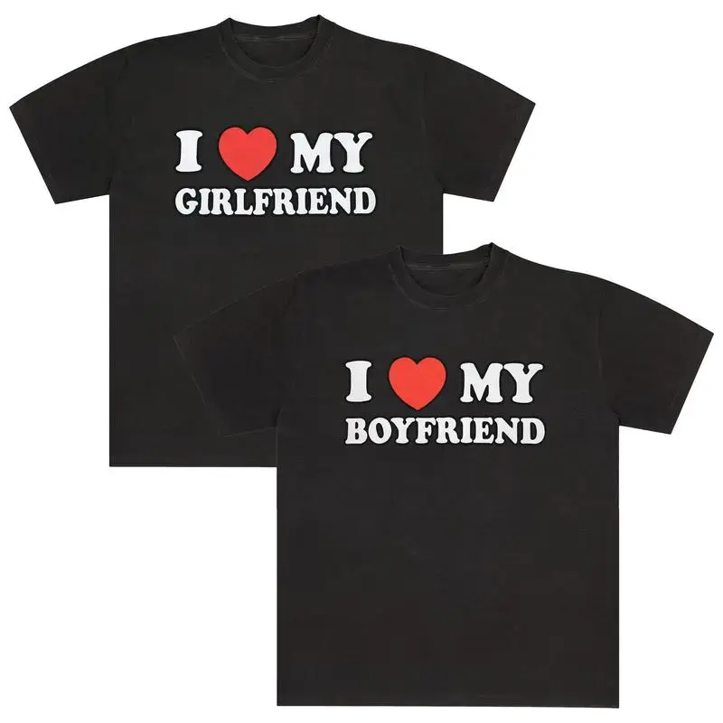 Men's "I Love My Boyfriend/Girlfriend" Graphic T-Shirt, Soft Cotton Blend Short Sleeve Round Neck Top, Valentine's Day Gift, Tops, Apparel, Shortsleeve, Menswear, Classic, Polyester, Gifts For Boyfriend, Valentines Day, Tshirt, Casual, Love Message, Relax