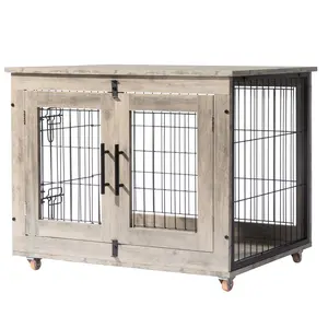 Rebuyhome 31in Dog Crate Furniture, Heavy Duty Pet Crate End Table Decorative Pet Cage for Indoor, Wooden Dog Crate with Double Doors, Light Gray