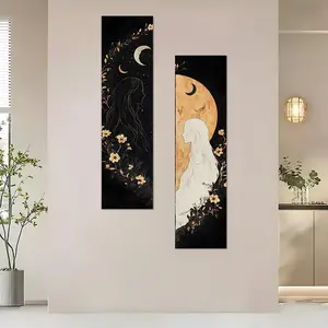 Celestial Floral Sun Moon Goddess Pattern Wall Tapestry, 2 Counts/set Vertical Tapestry, Wall Hanging Decor for Home Living Room Bedroom