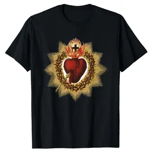 Sacred Heart Jesus Catholic Image Men's Round Neck T-Shirt, Summer Casual Daily Wear Casual Short-Sleeve Menswear Top comfort wear cotton menswear classic cotton tee fun shirts，graphic tees Washable for All Seasons 200g 100% Cotton Sizes S to XXXL